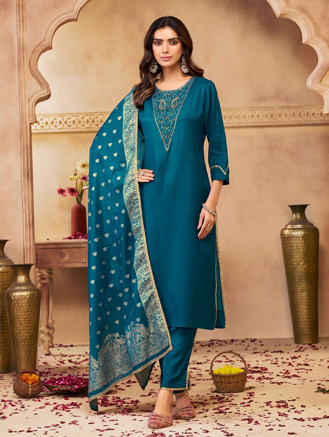 women solid with work three quarter sleeve kurta pant with dupatta set