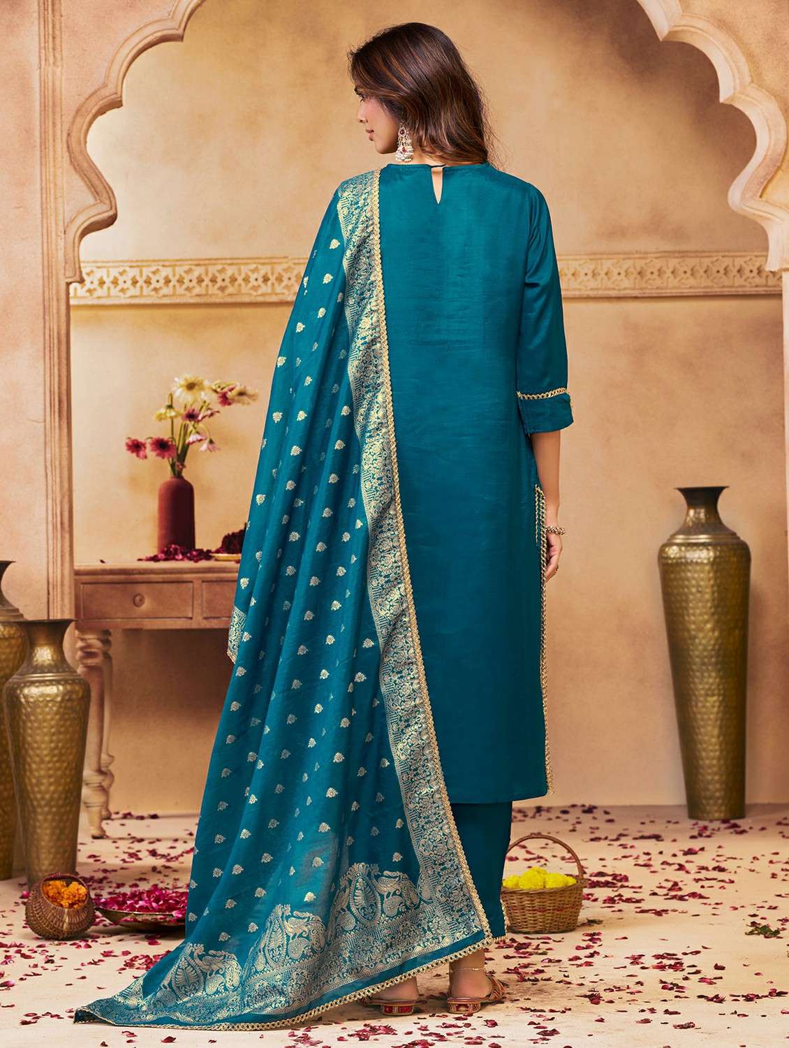 women solid with work three quarter sleeve kurta pant with dupatta set - 22286464 -  Standard Image - 2