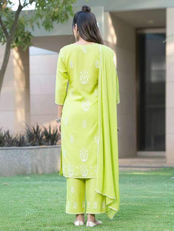 women solid with work three quarter sleeve kurta pant with dupatta set - 22286466 -  Standard Image - 2