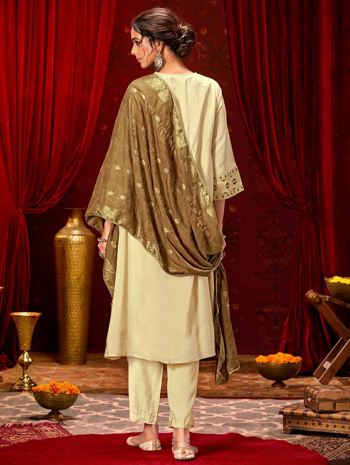 women solid with work three quarter sleeve kurta pant with dupatta set - 22286468 -  Standard Image - 2