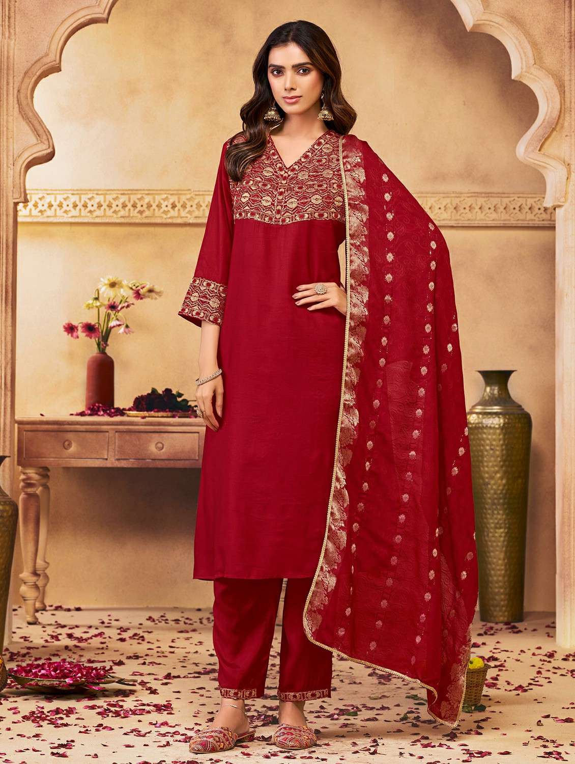 women solid with work three quarter sleeve kurta pant with dupatta set