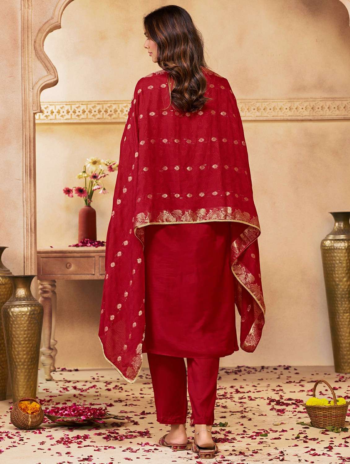 women solid with work three quarter sleeve kurta pant with dupatta set - 22286469 -  Standard Image - 2