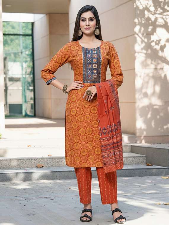 women printed three quarter sleeve kurta pant with dupatta set - 22286480 -  Standard Image - 2