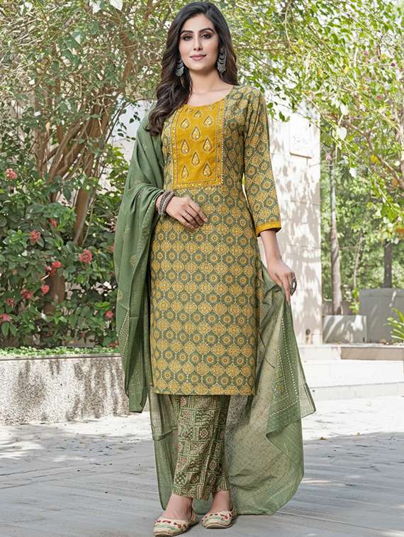 women printed three quarter sleeve kurta pant with dupatta set - 22286481 -  Standard Image - 2