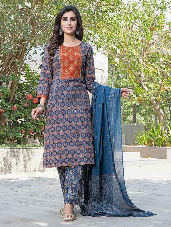 women printed three quarter sleeve kurta pant with dupatta set - 22286482 -  Standard Image - 2