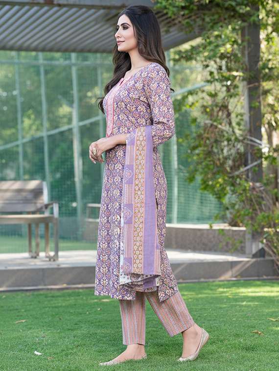 women printed three quarter sleeve kurta pant with dupatta set - 22286492 -  Standard Image - 2