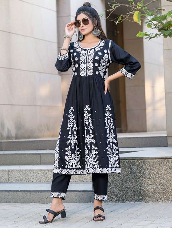 women solid with work three quarter sleeve kurta pant set - 22286500 -  Standard Image - 2