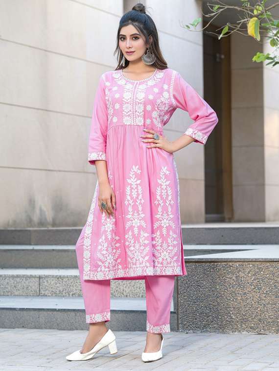 women solid with work three quarter sleeve kurta pant set - 22286501 -  Standard Image - 2