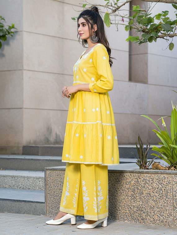 women solid with work three quarter sleeve kurta palazzo set - 22286502 -  Standard Image - 2