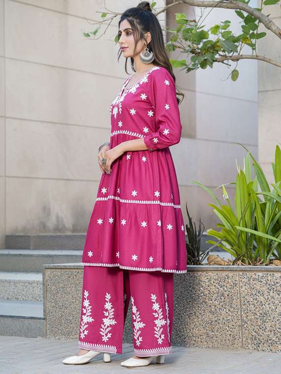 women solid with work three quarter sleeve kurta palazzo set - 22286503 -  Standard Image - 2