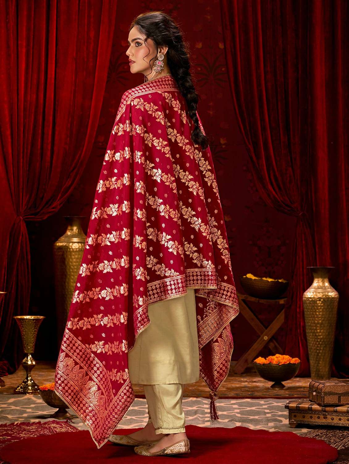 women solid with work three quarter sleeve kurta pant with dupatta set - 22286504 -  Standard Image - 2