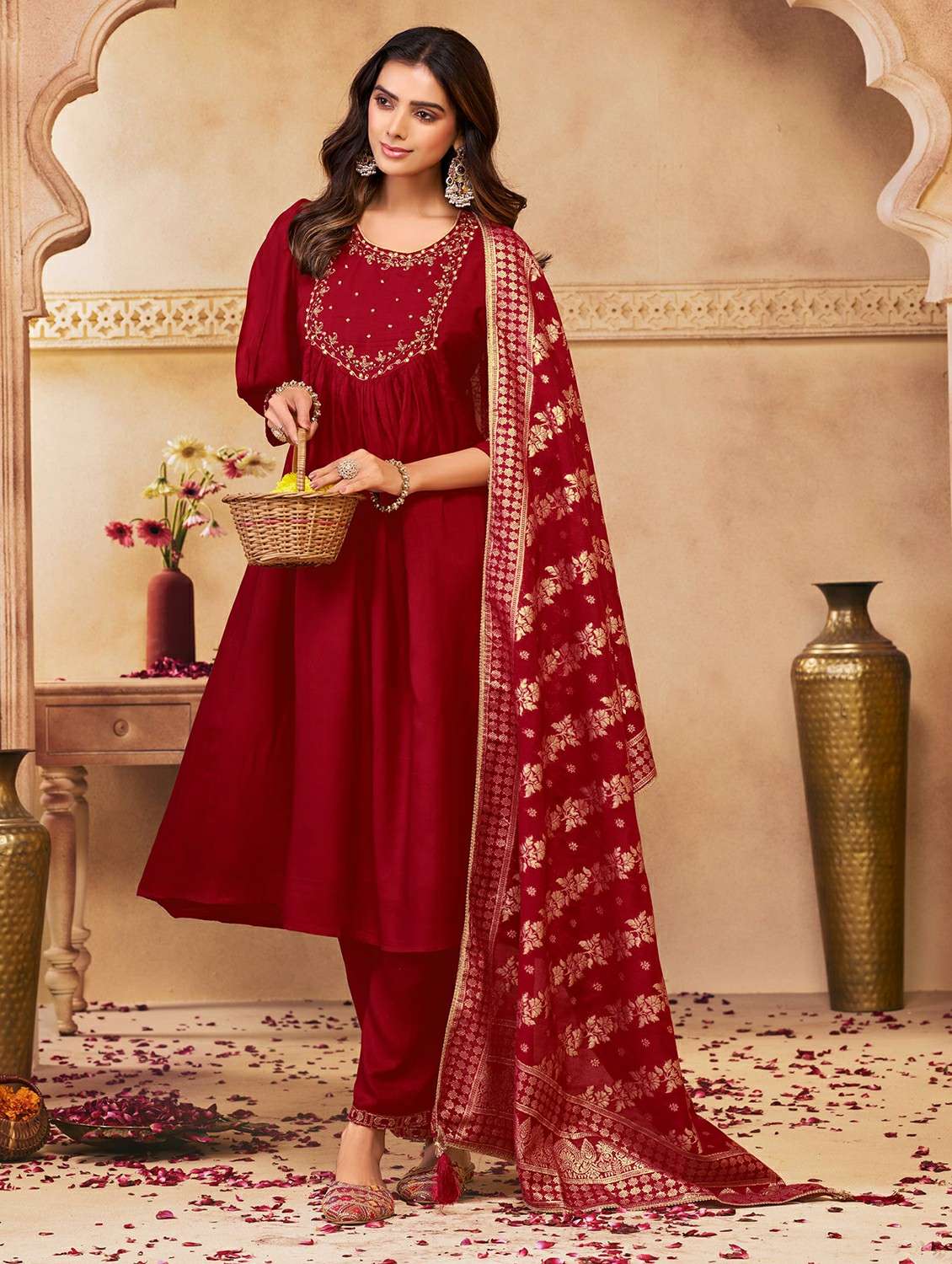 women solid with work three quarter sleeve kurta pant with dupatta set