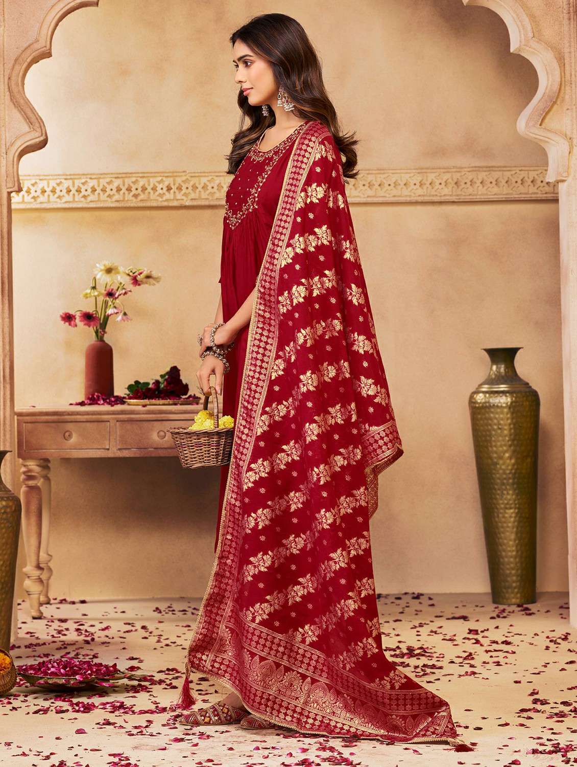 women solid with work three quarter sleeve kurta pant with dupatta set - 22286505 -  Standard Image - 2