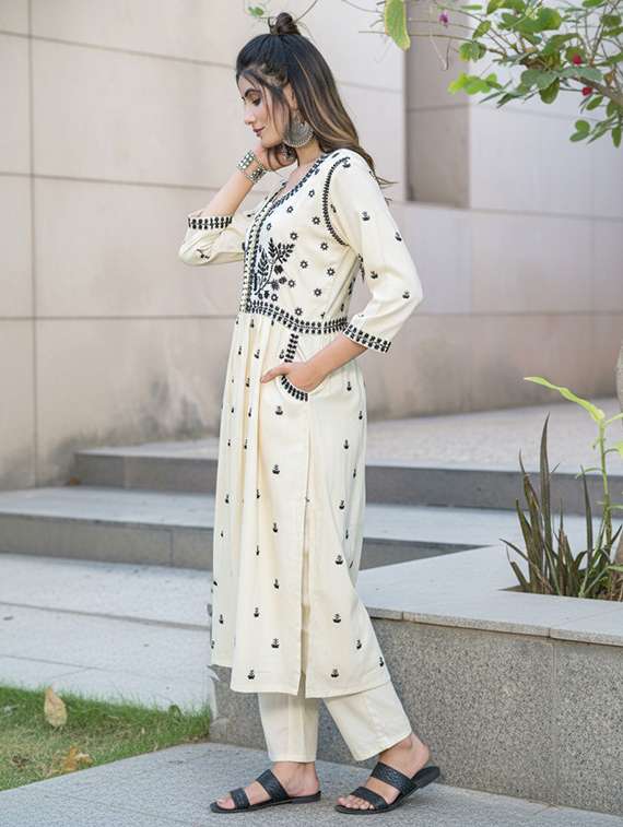 women solid with work three quarter sleeve kurta pant set - 22286508 -  Standard Image - 2