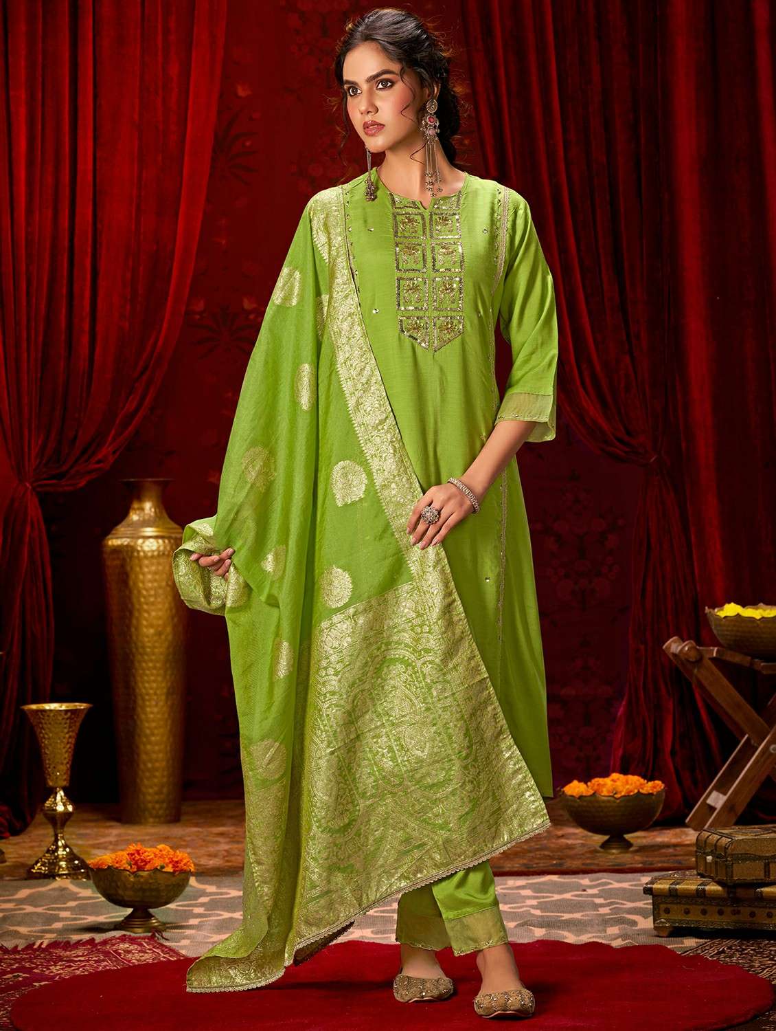 women solid with work three quarter sleeve kurta pant with dupatta set