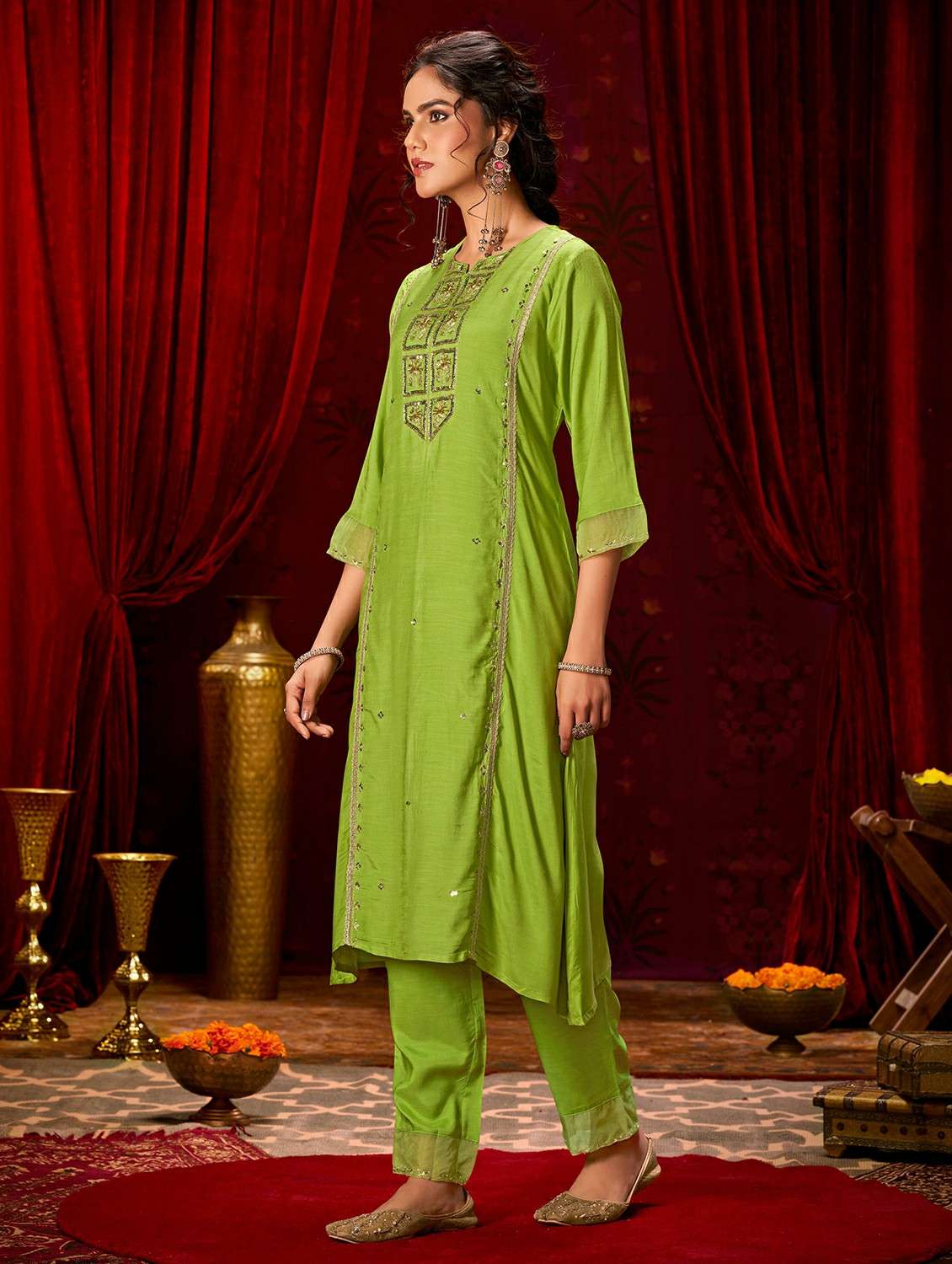 women solid with work three quarter sleeve kurta pant with dupatta set - 22286510 -  Standard Image - 2