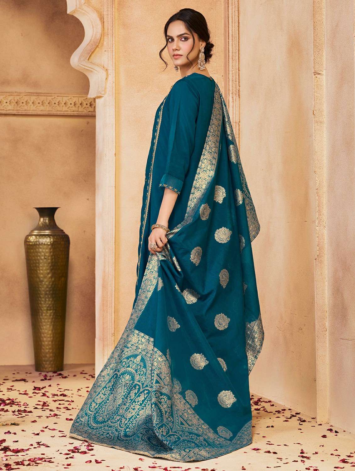 women solid with work three quarter sleeve kurta pant with dupatta set - 22286511 -  Standard Image - 2