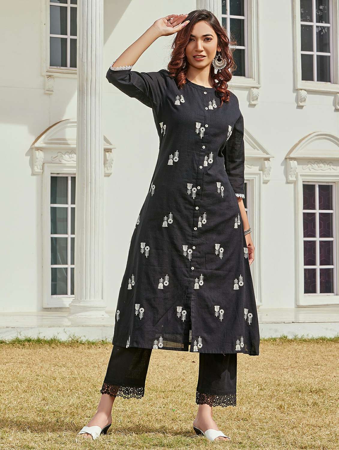 women solid with work three quarter sleeve kurta pant set - 22286512 -  Standard Image - 2
