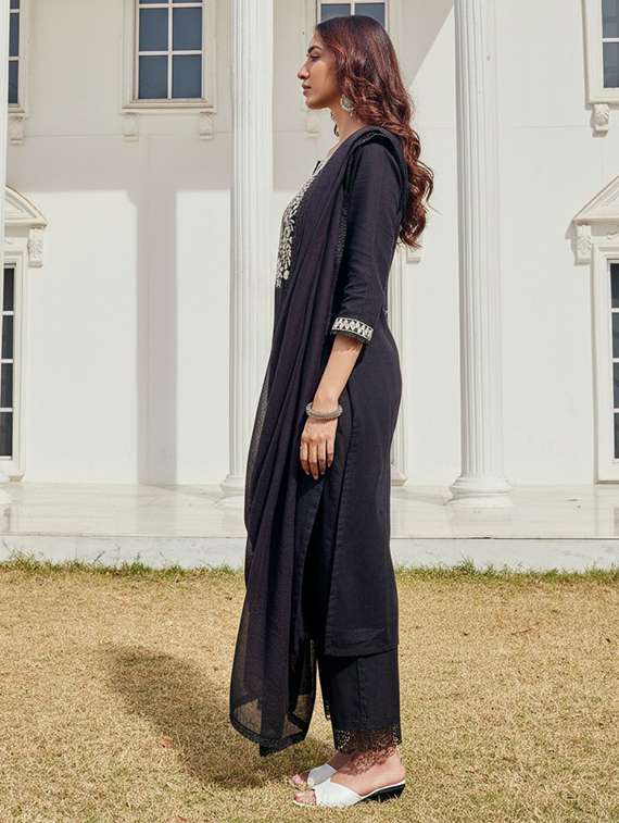 women solid with work three quarter sleeve kurta pant with dupatta set - 22286513 -  Standard Image - 2