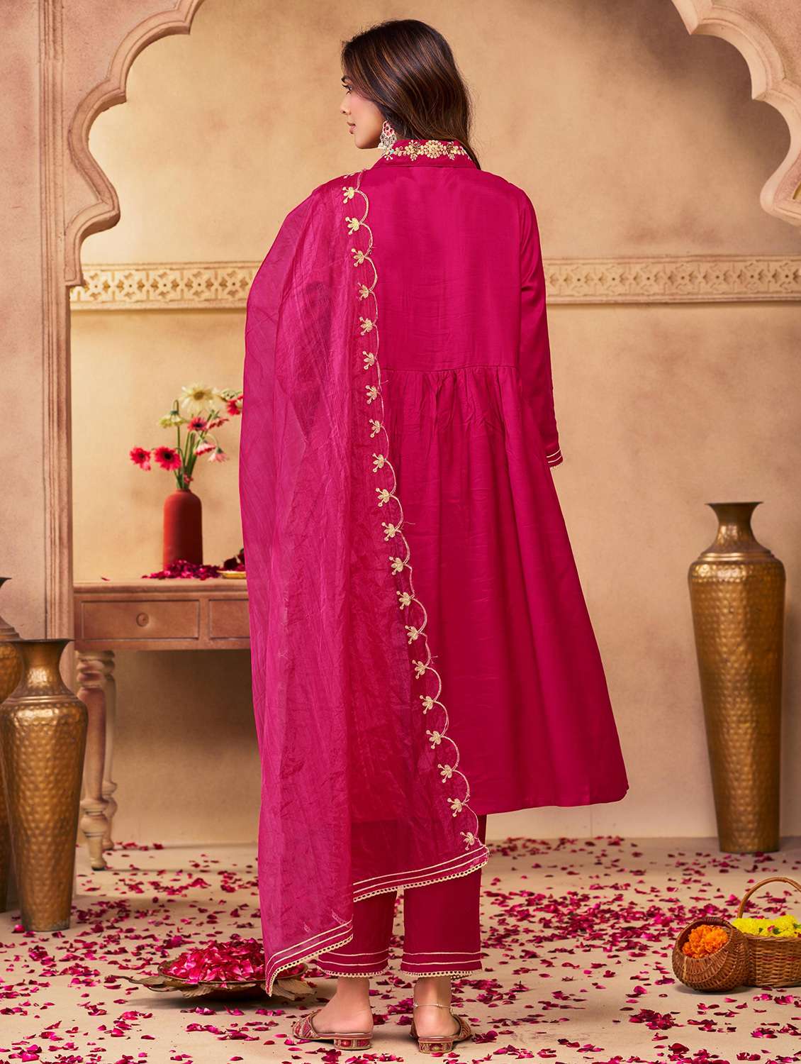 women solid with work three quarter sleeve kurta pant with dupatta set - 22286516 -  Standard Image - 2