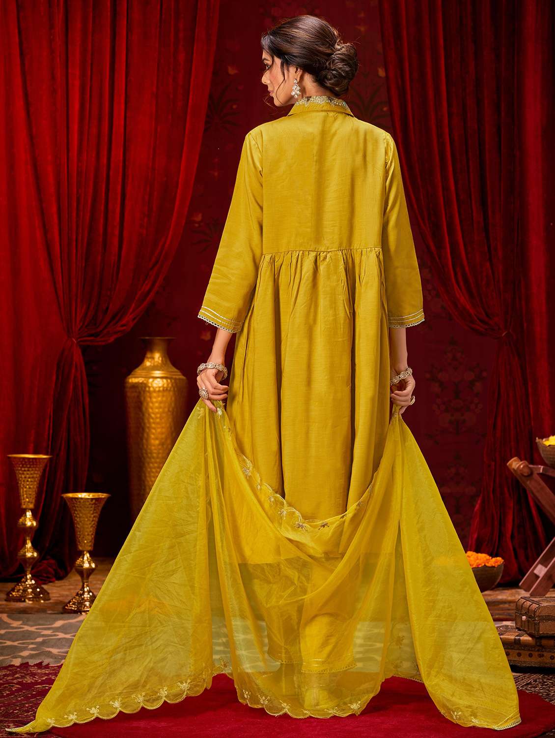 women solid with work three quarter sleeve kurta pant with dupatta set - 22286517 -  Standard Image - 2