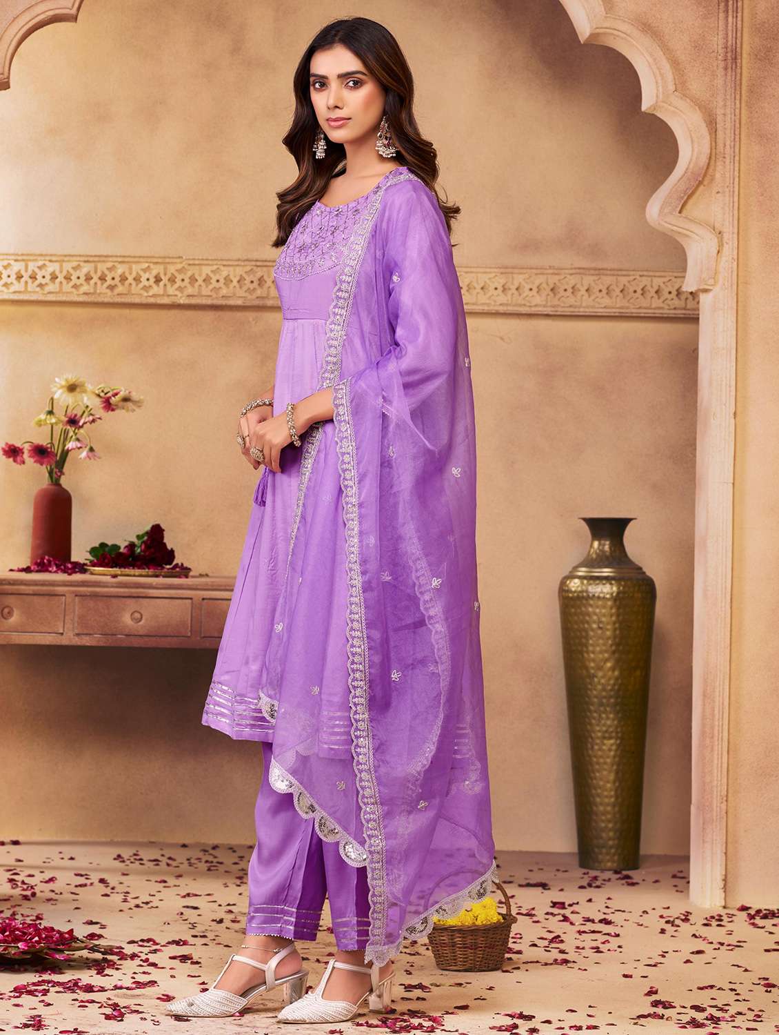 women solid with work three quarter sleeve kurta pant with dupatta set - 22286519 -  Standard Image - 2