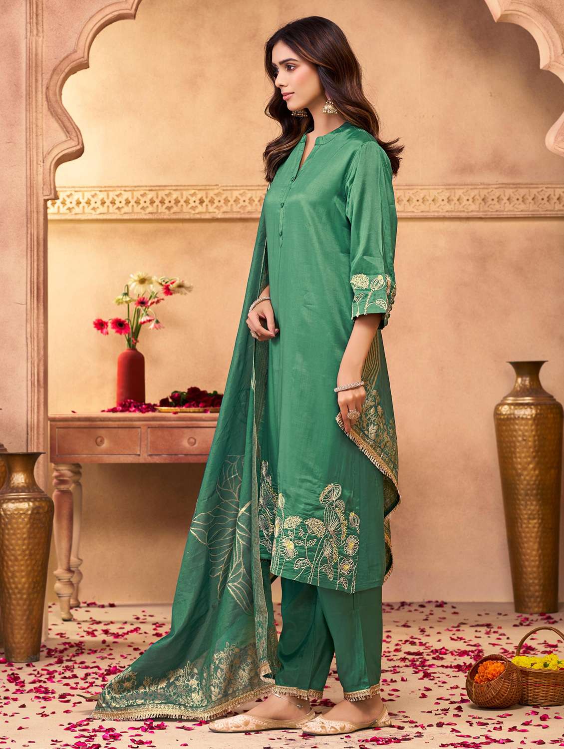 women solid with work three quarter sleeve kurta pant with dupatta set - 22286520 -  Standard Image - 2