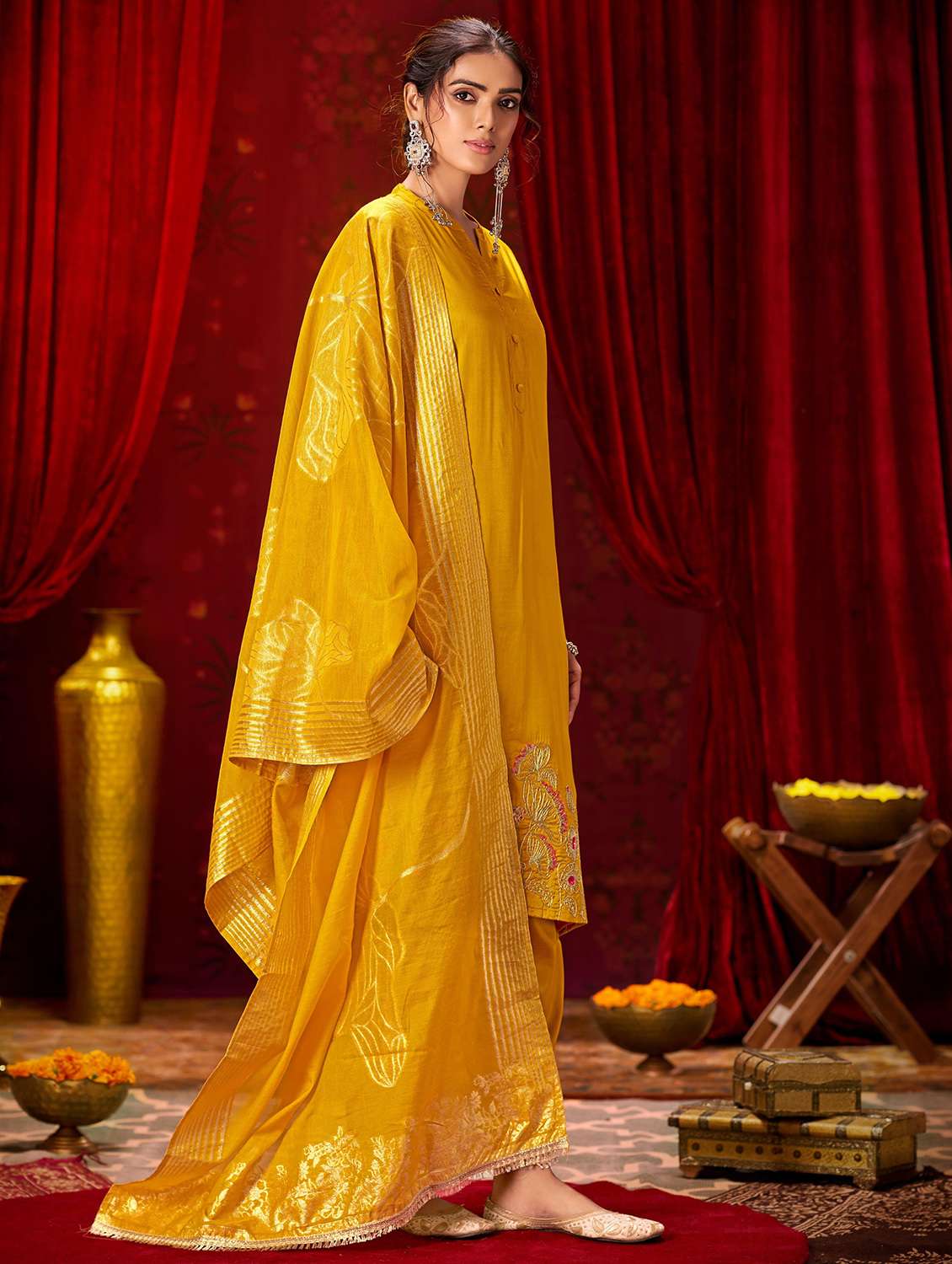 women solid with work three quarter sleeve kurta pant with dupatta set - 22286521 -  Standard Image - 2