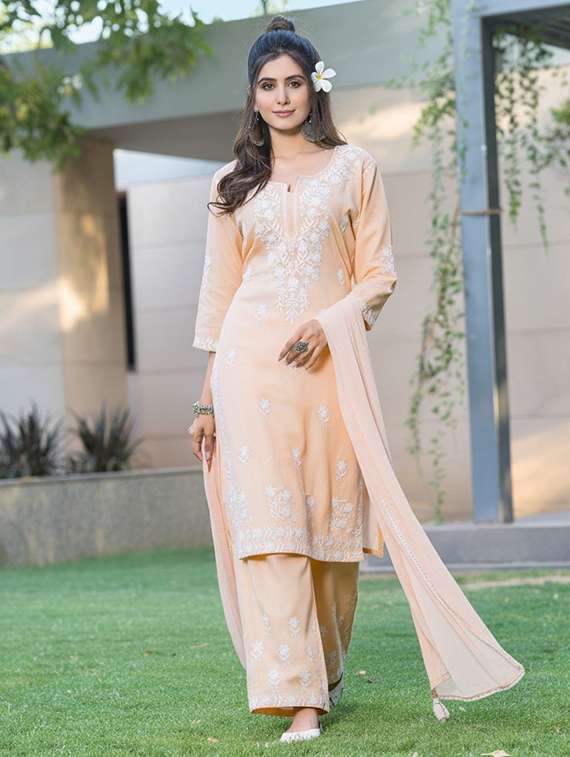 women solid with work three quarter sleeve kurta palazzo with dupatta set - 22286524 -  Standard Image - 2