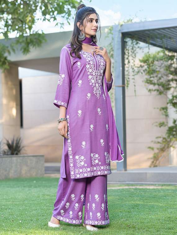 women solid with work three quarter sleeve kurta palazzo with dupatta set - 22286525 -  Standard Image - 2