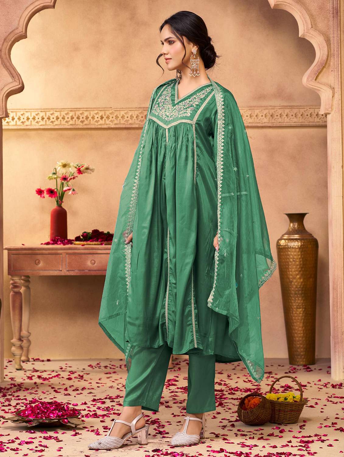 women solid with work three quarter sleeve kurta pant with dupatta set - 22286528 -  Standard Image - 2