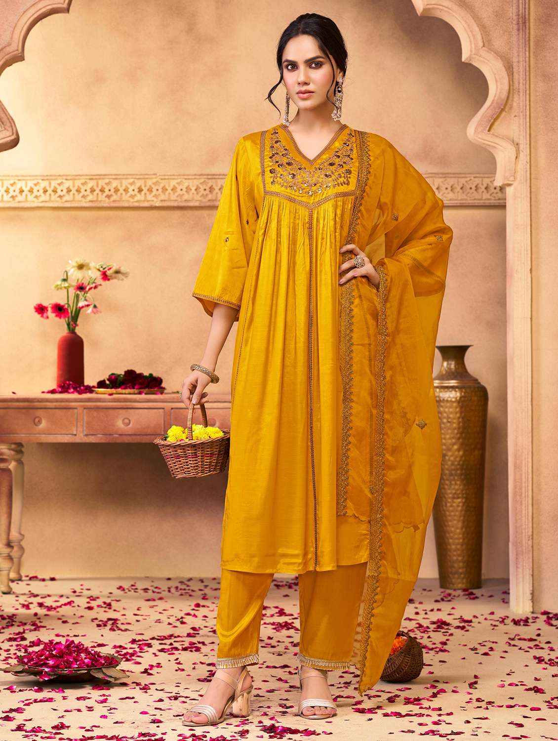 women solid with work three quarter sleeve kurta pant with dupatta set