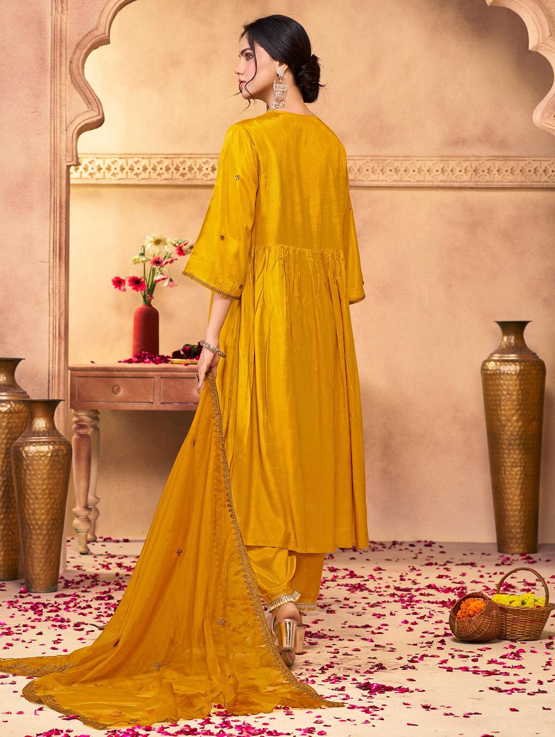 women solid with work three quarter sleeve kurta pant with dupatta set - 22286529 -  Standard Image - 2