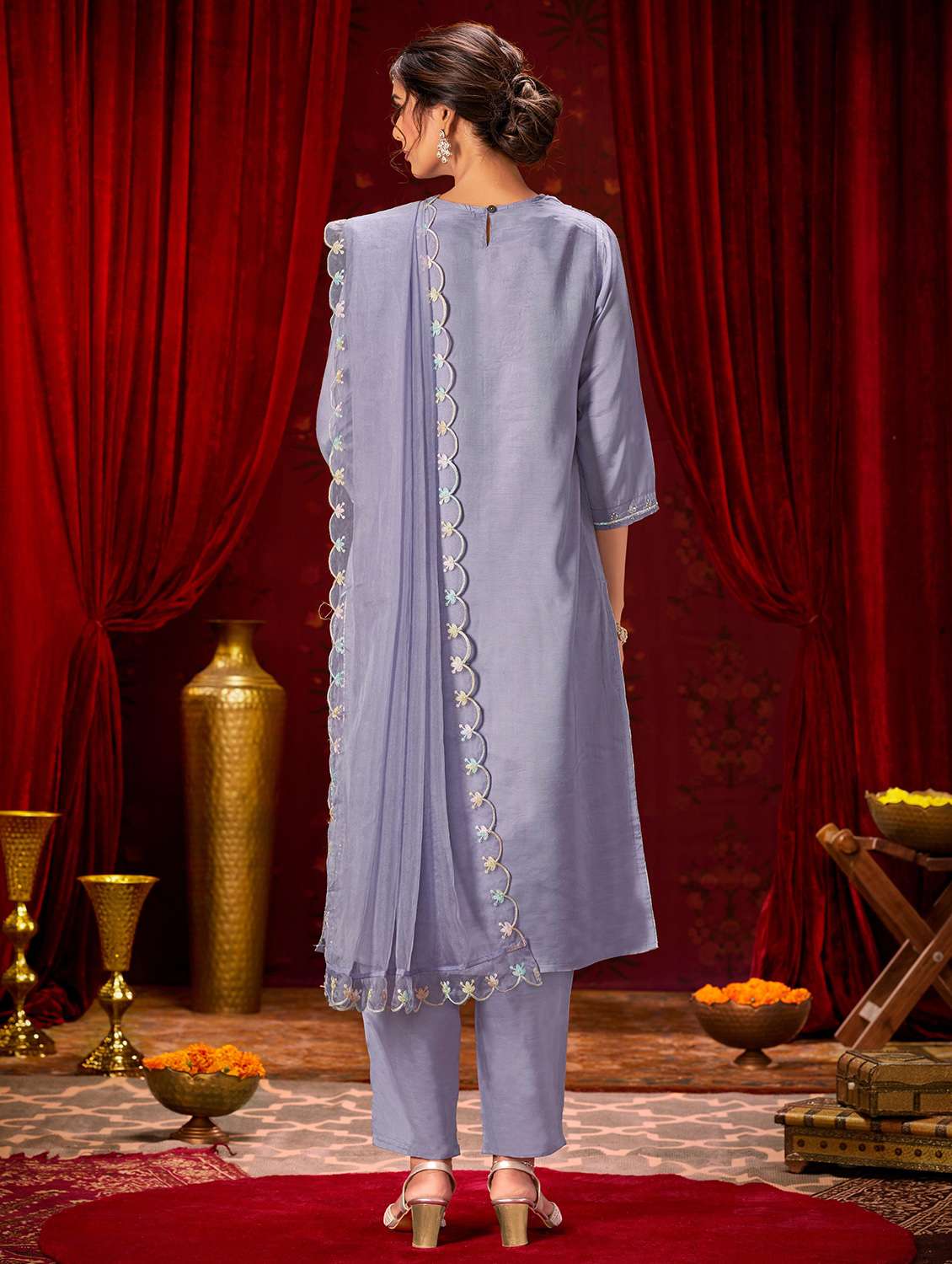 women solid with work three quarter sleeve kurta pant with dupatta set - 22286532 -  Standard Image - 2