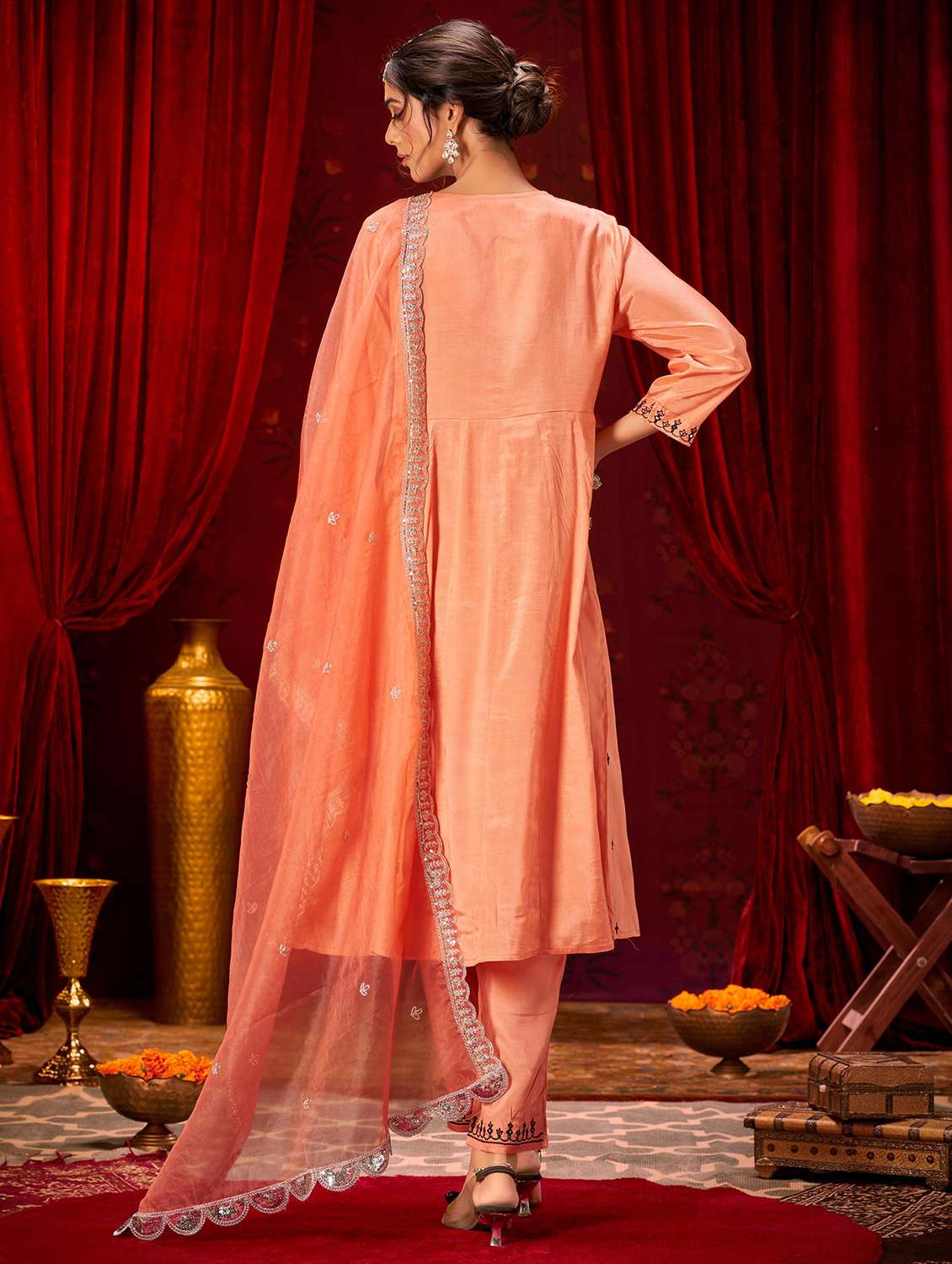 women solid with work three quarter sleeve kurta pant with dupatta set - 22286534 -  Standard Image - 2