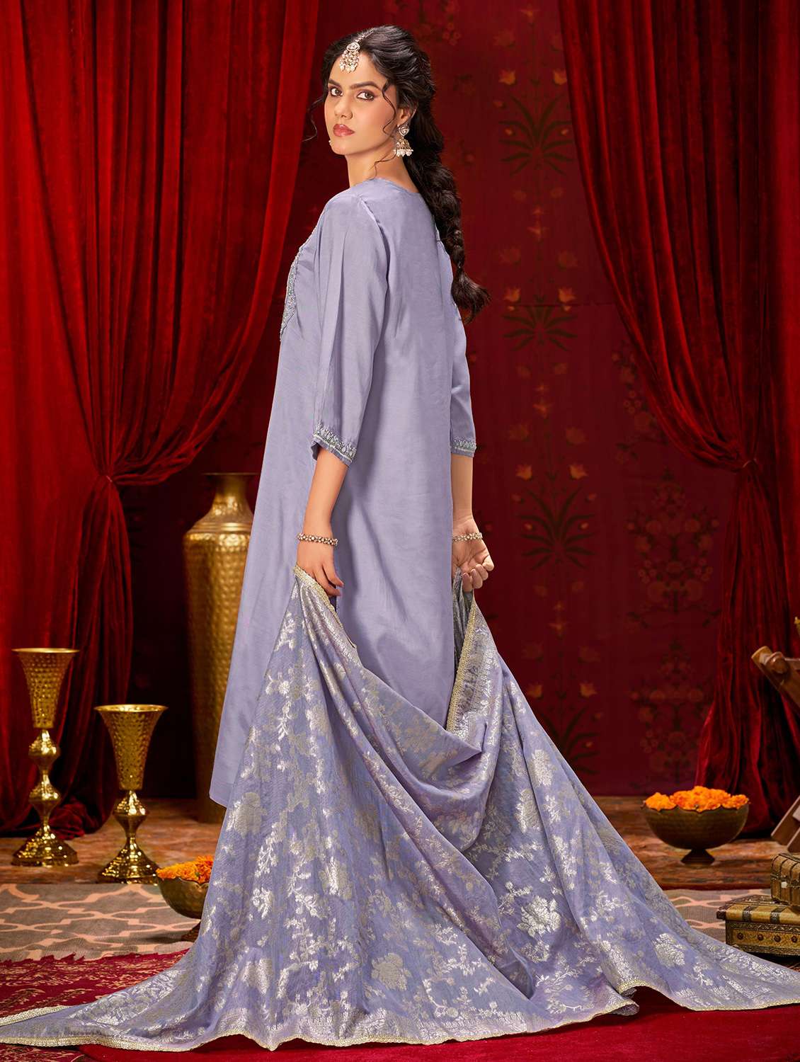 women solid with work three quarter sleeve kurta pant with dupatta set - 22286536 -  Standard Image - 2