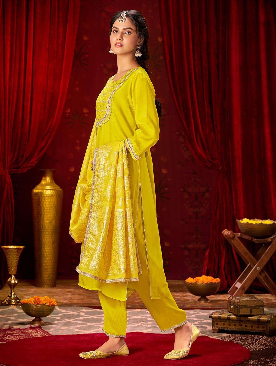 women solid with work three quarter sleeve kurta pant with dupatta set - 22286537 -  Standard Image - 2