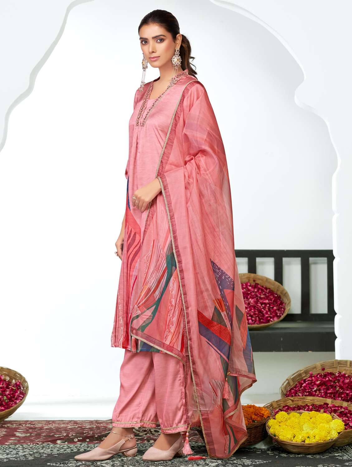 women printed three quarter sleeve kurta pant with dupatta set - 22286539 -  Standard Image - 2