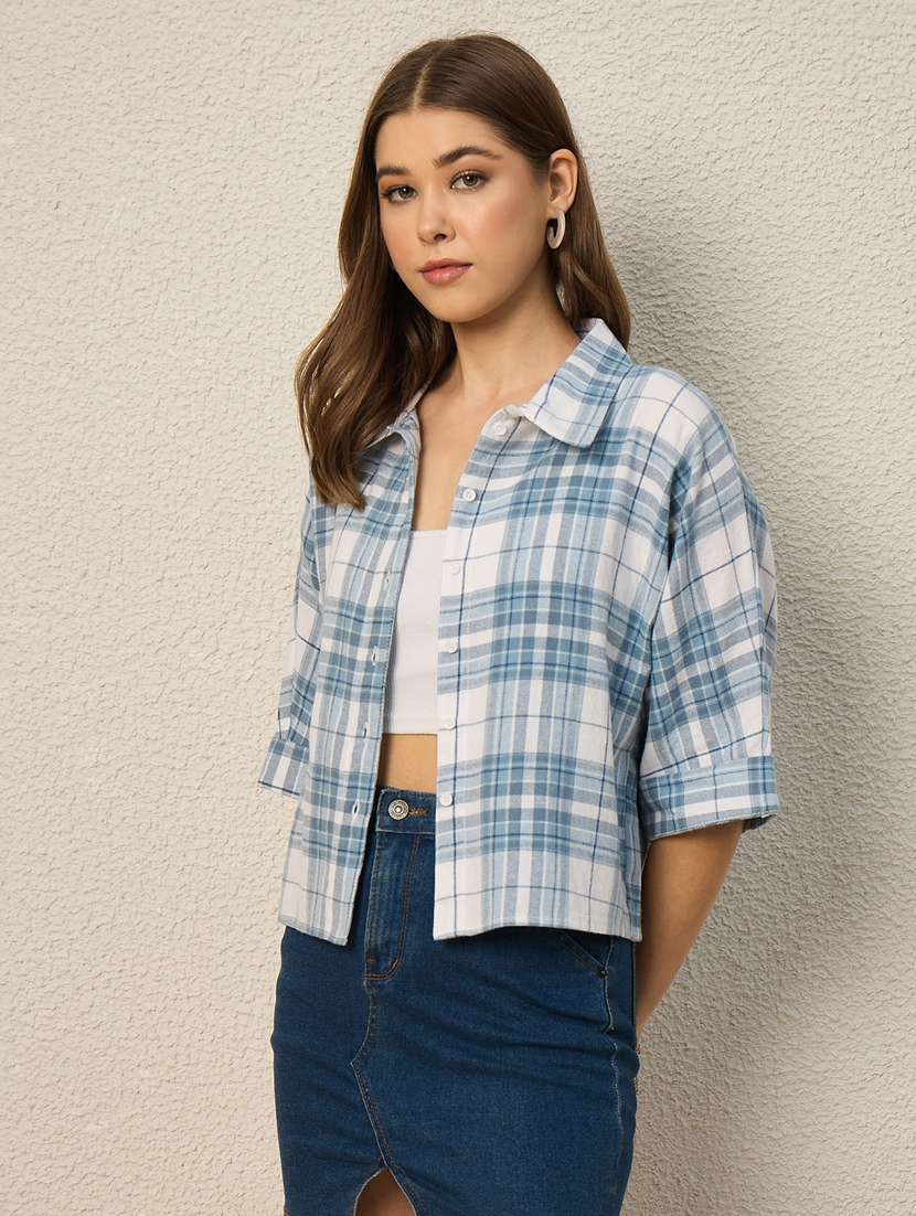 women checkered collared short sleeve crop shirt - 22286757 -  Standard Image - 2