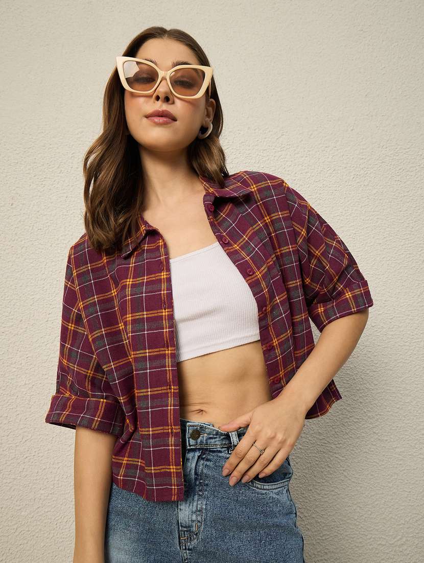 women checkered collared short sleeve crop shirt