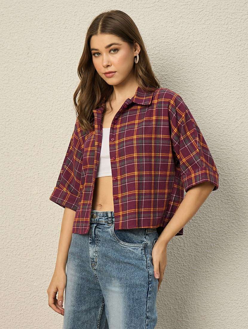 women checkered collared short sleeve crop shirt - 22286760 -  Standard Image - 2
