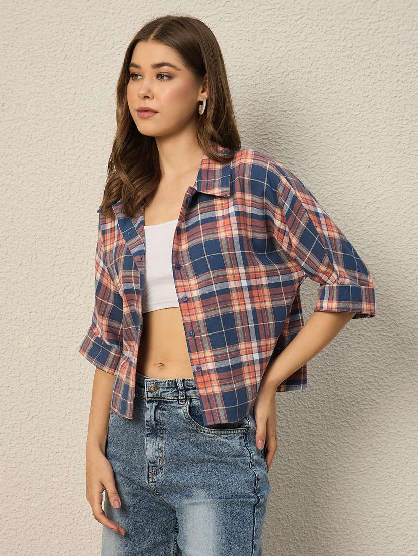 women checkered collared short sleeve crop shirt - 22286761 -  Standard Image - 2
