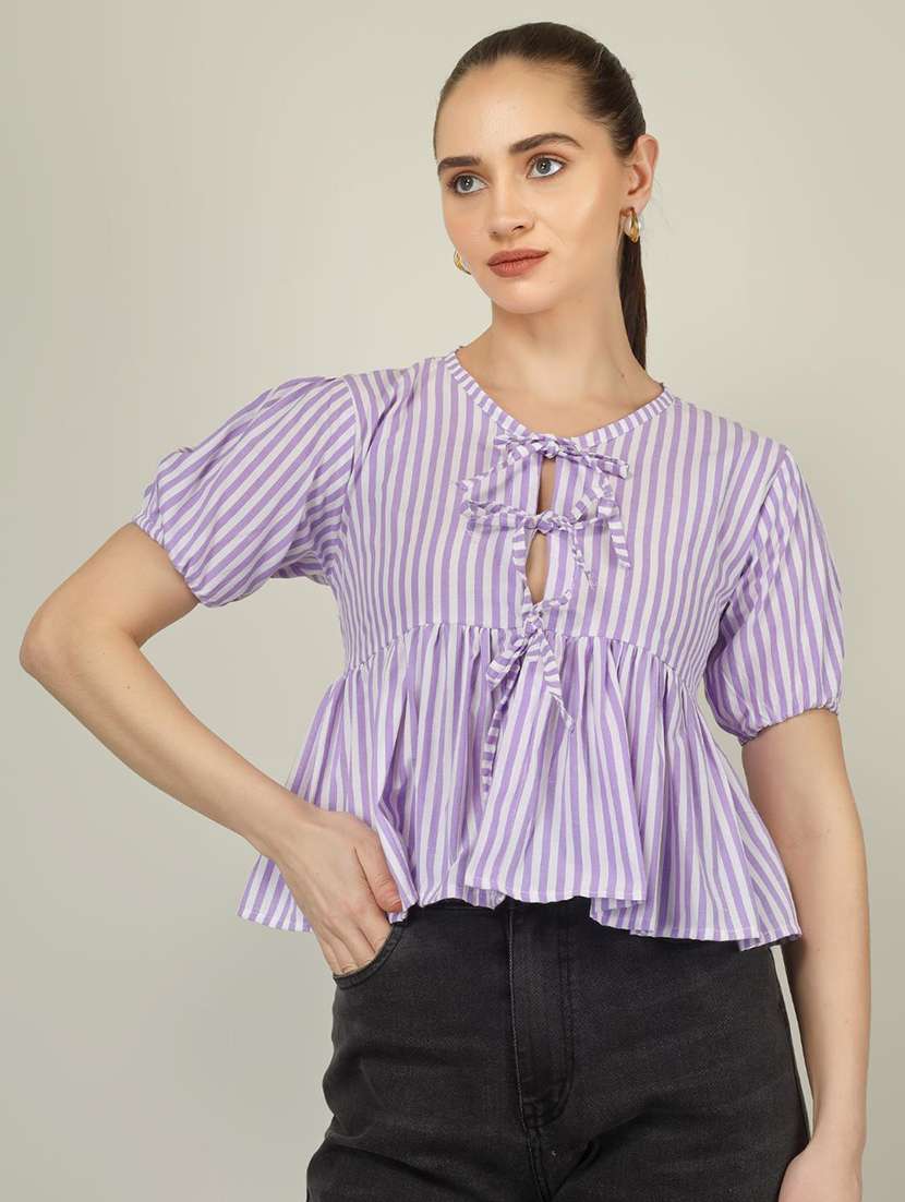 women striped puff sleeve front tie peplum top - 22286821 -  Standard Image - 2