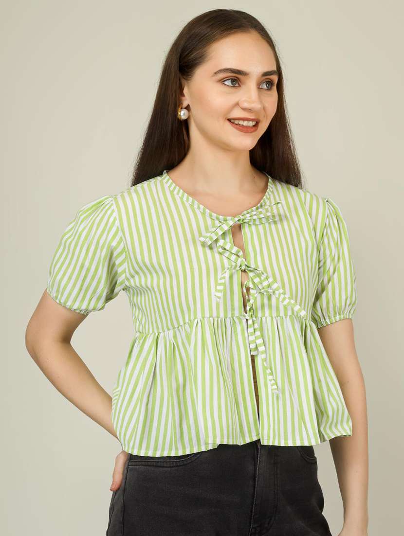 women striped puff sleeve front tie peplum top - 22286822 -  Standard Image - 2