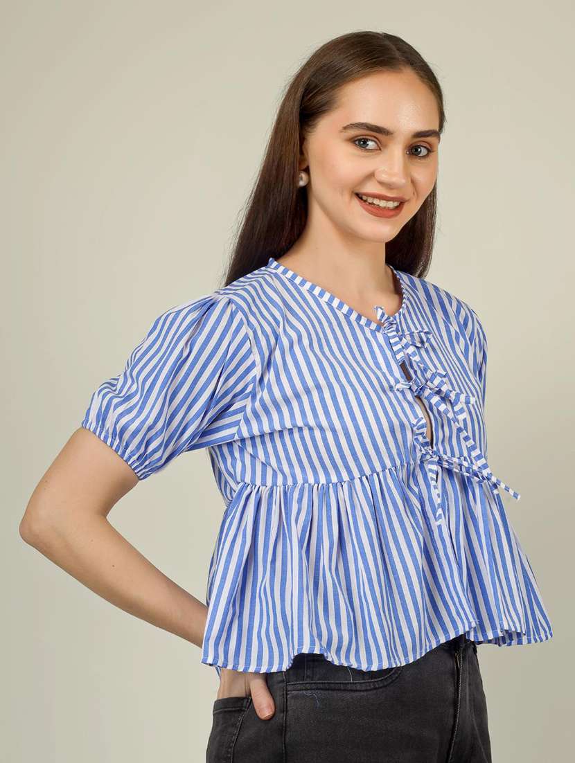 women striped puff sleeve front tie peplum top - 22286823 -  Standard Image - 2