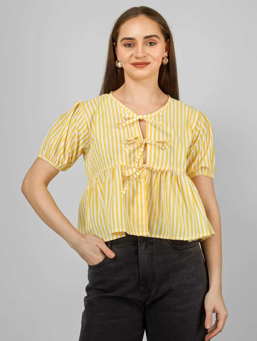 women striped puff sleeve front tie peplum top - 22286824 -  Standard Image - 2