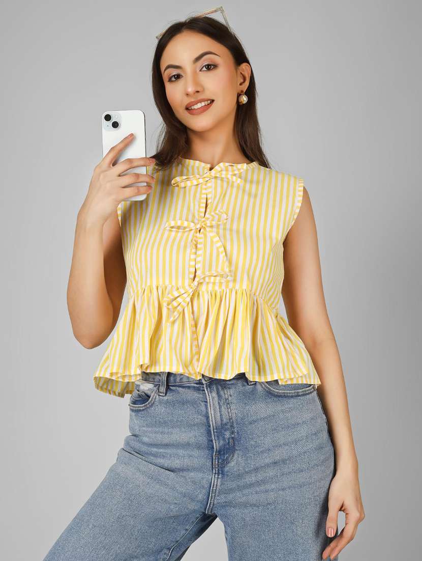 women striped sleeveless front tie peplum top