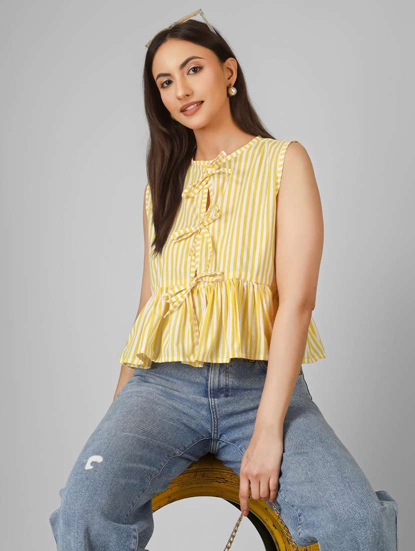 women striped sleeveless front tie peplum top - 22286826 -  Standard Image - 2