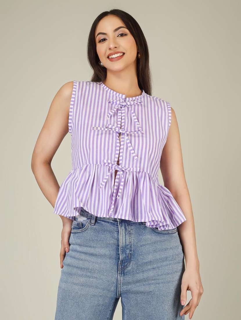 women striped sleeveless front tie peplum top - 22286827 -  Standard Image - 2