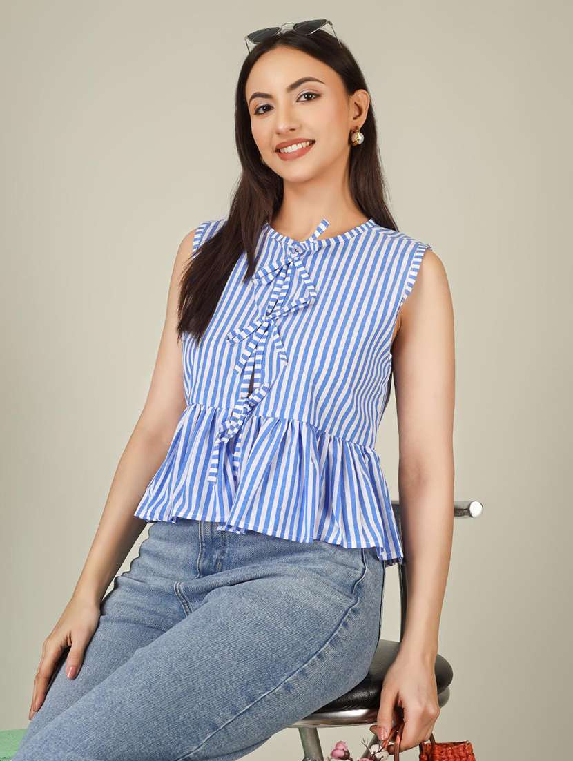 women striped sleeveless front tie peplum top